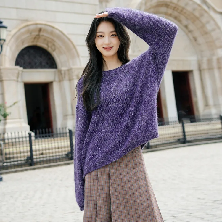 EP雅莹2025新款女装 气质混色珠片马海毛一字领套头衫羊毛衫9531A