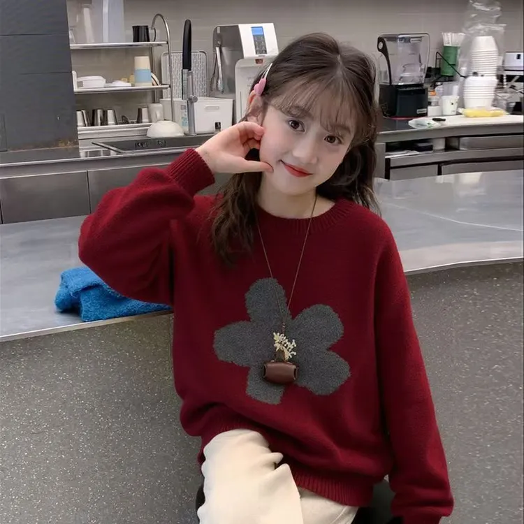 (不起球)女童毛衣秋冬季新品加厚毛巾绣中大童洋气女孩针织打底衫