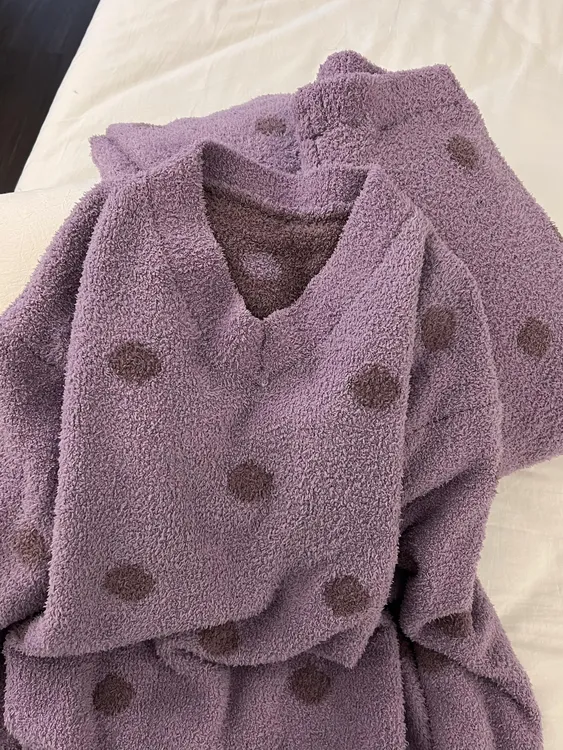 韩版紫色v领长袖半边绒睡衣女款秋冬新款加厚针织长裤家居服套装