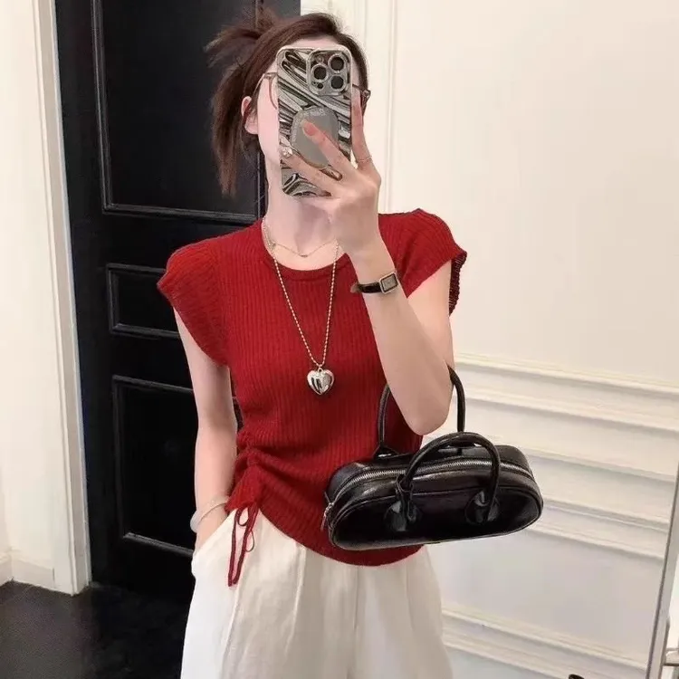 法式红色飞飞袖针织短袖女t恤夏2025新款设计感洋气漂亮针织上衣