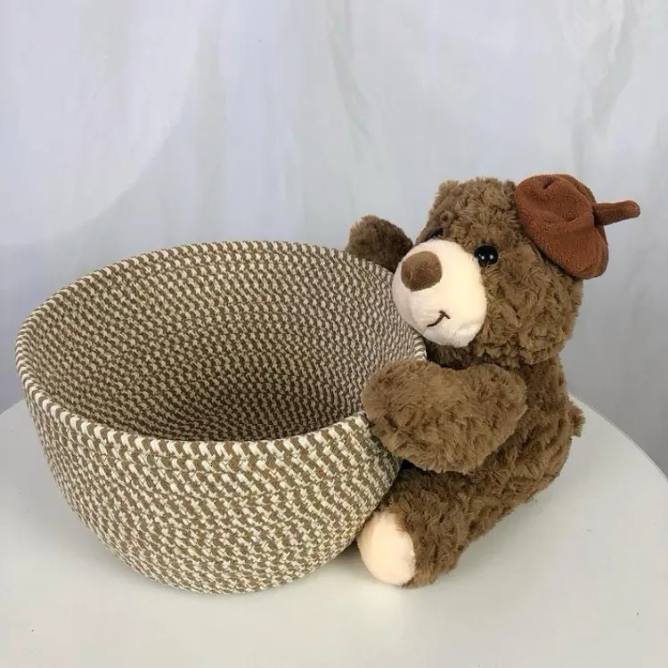 卡通玩具零食杂物收纳篮子家用桌面收纳可爱小熊抱抱桶咖色收纳筐