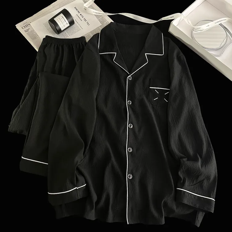 2025新款春秋款睡衣男士黑色长袖长裤家居服宽松可外穿休闲套装