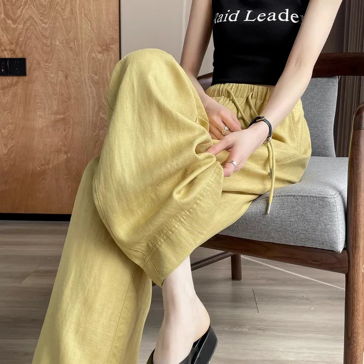 天丝棉麻阔腿裤女夏薄款2025新款垂感莱赛尔天丝亚麻苎麻黄色裤子