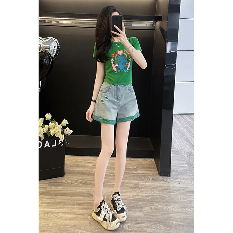 多巴胺绿色休闲运动套装女夏炸街时尚洋气时髦短袖牛仔淑女气质装