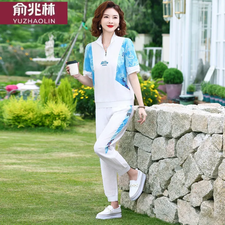 俞兆林夏季薄款运动套装女式休闲妈妈装新款中老年时尚夏款短袖两