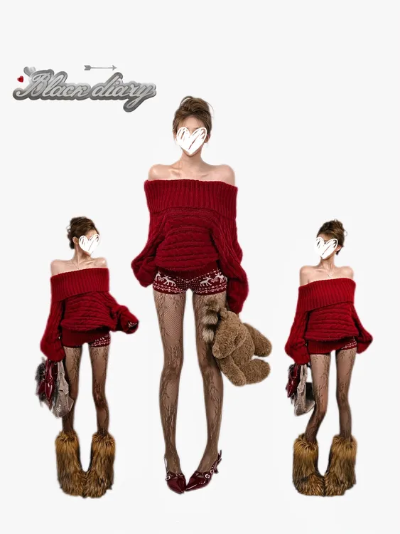 秋冬季2025年新款慵懒风一字肩毛衣女御姐风新年红宽松针织上衣潮