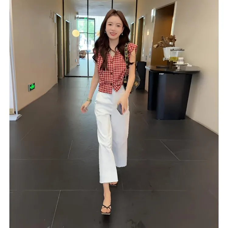 时尚套装女宽松夏季新款法式V领格子衬衫九分休闲阔腿裤两件套潮