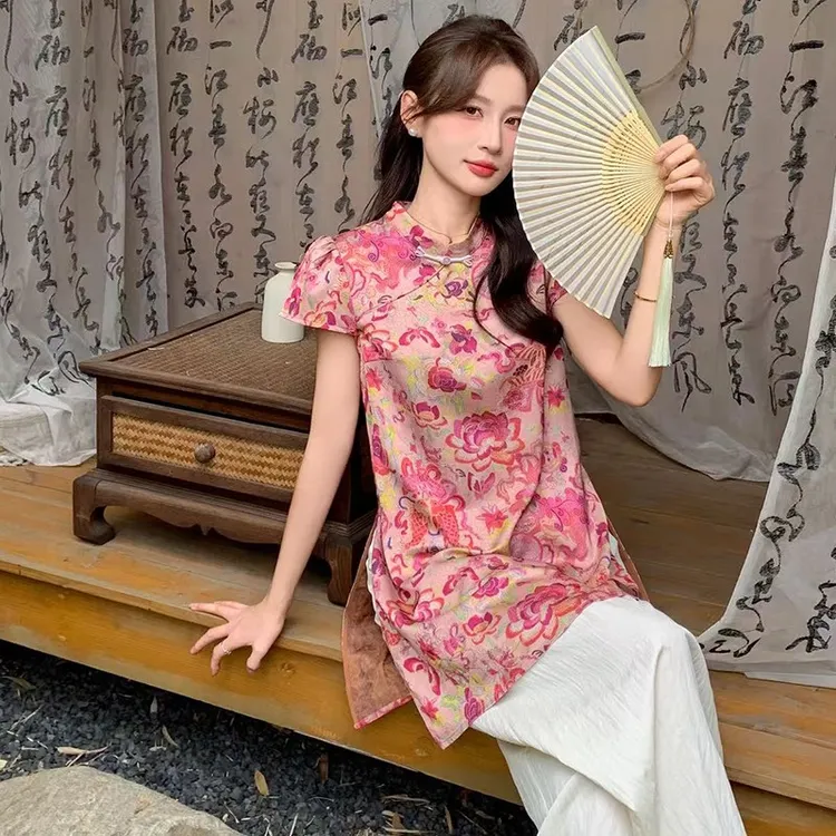 新中式国风锦鲤印花复古盘扣套装女时尚立领上衣潮流阔腿裤两件套