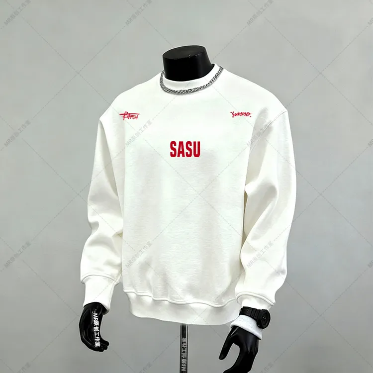 加绒卫衣美式潮牌圆领宽松加厚SUSA红字母印花冬季白色长袖外套男