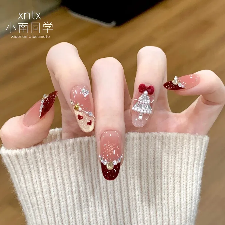 小南同学·【幸运圣诞】手工美甲穿戴甲红色圣诞假指甲贴片猫眼新年