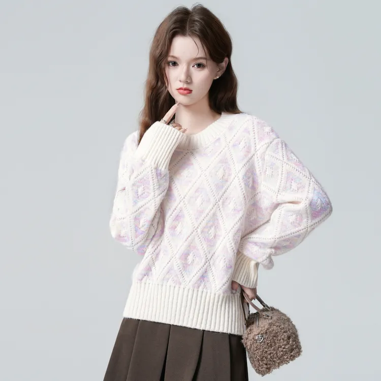 浅紫色菱格毛衣女款秋冬2025秋季新款宽松加厚针织衫内搭短款上衣