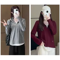 连帽打底衫女秋季设计感修身收腰长袖休闲内搭短上衣