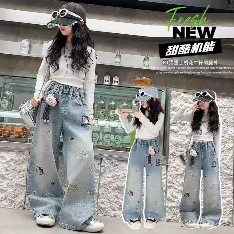 【专属定制】2025韩版~女童秋季新款KT猫重工刺绣牛仔阔腿裤6909