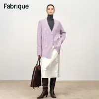 Fabrique Violet 丁香紫月下昙花手工刺绣羊驼毛宽松V领针织开衫