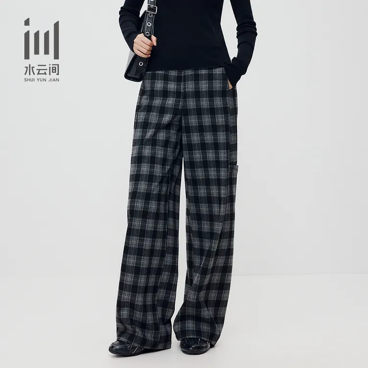 水云间高腰通勤宽松显瘦格纹休闲阔腿裤长裤2025秋季新款12540169