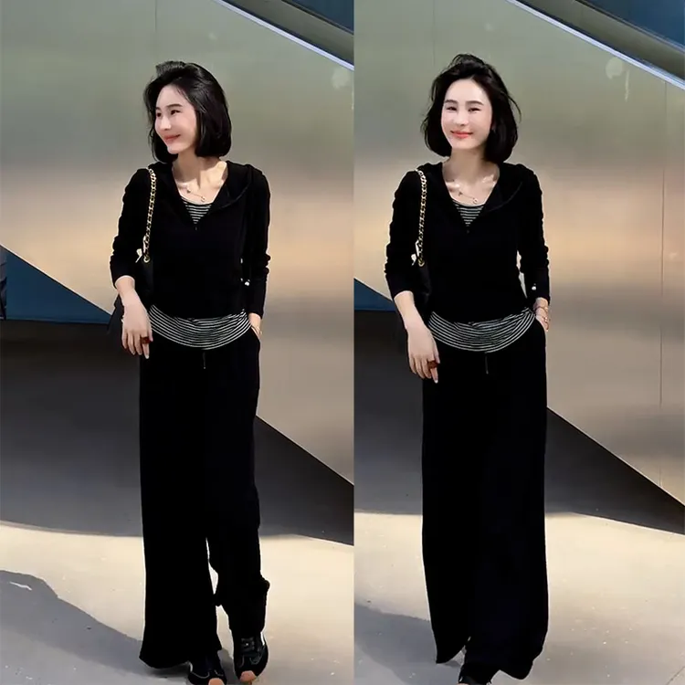 慵懒休闲风时尚显瘦女2025秋季新款条纹假两件卫衣垂感长裤两件套