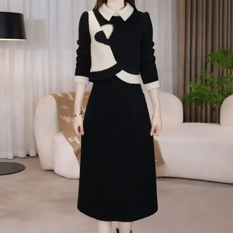 5896#气质减龄毛衣连衣裙2025秋冬新款显瘦加厚时尚假两件裙子