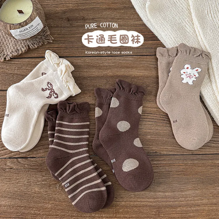 女童袜子秋冬季加厚保暖宝宝咖色卡通花边公主毛圈袜儿童中筒棉袜