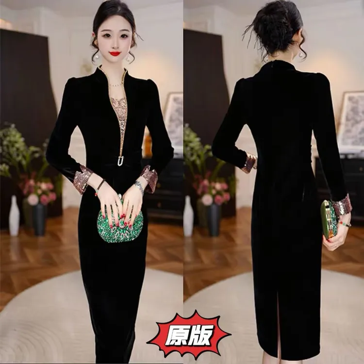 【墨色璀璨】高档卡丹绒时尚连衣裙2025秋季新款显瘦洋气轻奢减龄裙