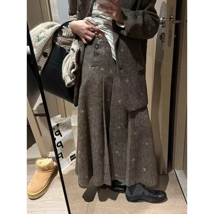SP【冬季恋歌】刺绣蝴蝶结百褶羊毛呢半身裙秋冬高级感显瘦裙子半裙