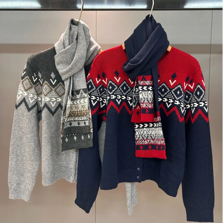 XIYUN费尔岛经典菱形纹小圆领复古针织开衫