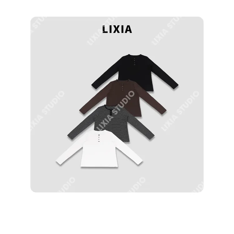 LIXIA【前沿扣】ins休闲简约风慵懒感百搭设计款纽扣圆领上衣-D9772