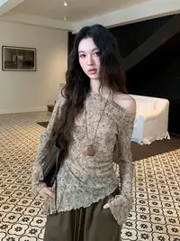 0158纯欲风晕染斜肩长袖t恤女2025年早秋修身显瘦上衣