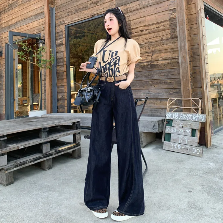 阔腿个性弯刀裤2025春秋款高腰百搭宽松遮肉牛仔裤女深蓝复古蓝
