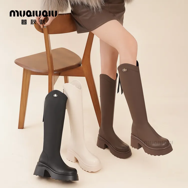 暮秋秋厚底v口长筒靴2025新款秋冬复古英伦骑士靴高筒显瘦靴子女