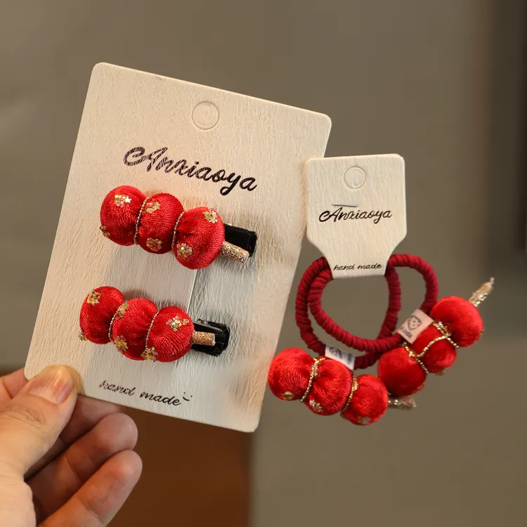 儿童新年糖葫芦发夹过年女童刘海夹宝宝可爱红色丝绒头绳新年发饰