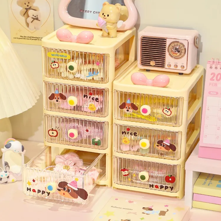 可爱卡通抽屉式女孩发饰收纳盒桌面文具收纳柜学生宿舍杂物置物架