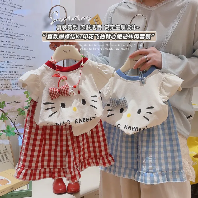 【A类女童二件套】儿童飞袖蝴蝶结短袖短裤夏季卡通休闲格子套装