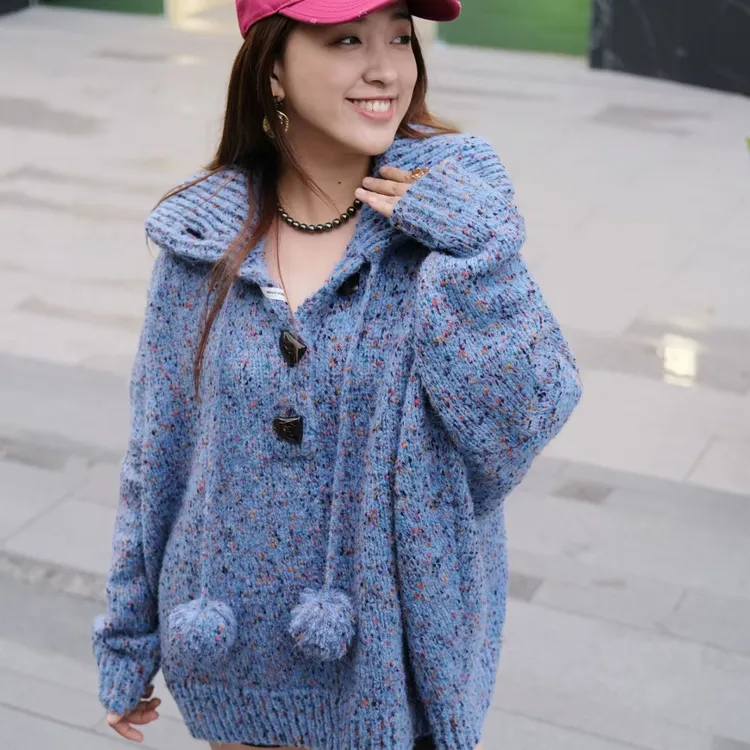 【明星同款】LEDIMWANG花纱加厚套头蓝色毛衣女冬季新款慵懒风秋冬