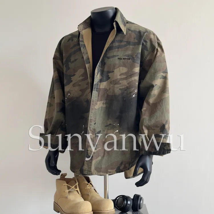 Sunyanwu 秋季新款 泼墨军布迷彩刺绣衬衫廓形硬挺宽松硬汉大码