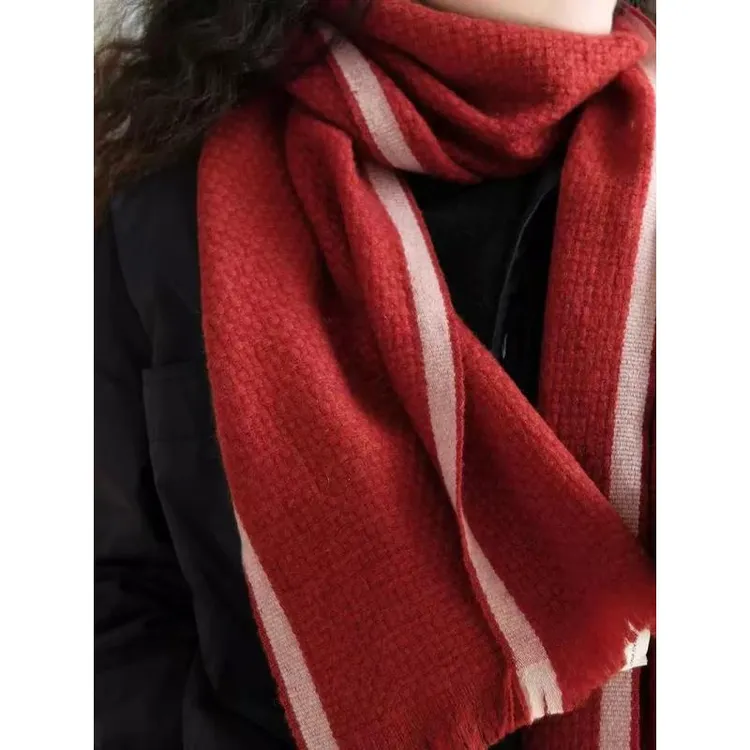 山羊绒砖红色小香编织风180*30长巾围巾披肩秋冬保暖溯源好物L174