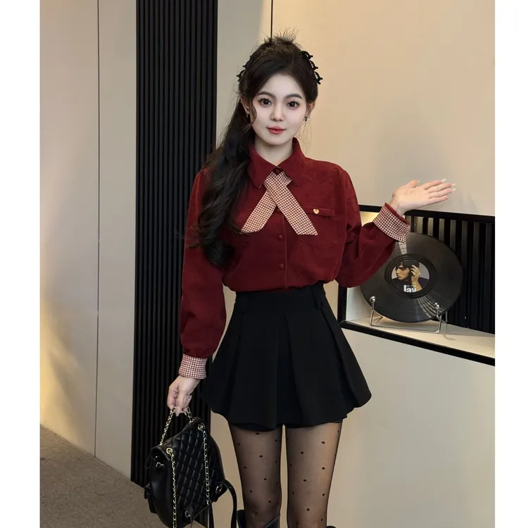 高级感洋气长袖翻领撞色蝴蝶结叠穿红色衬衫上衣半身裙两件套装女