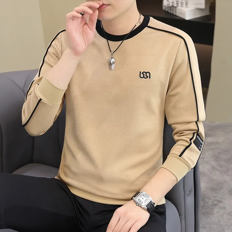 撞色圆领长袖t恤男士2025春秋季新款潮牌内搭打底衫男款春装上衣