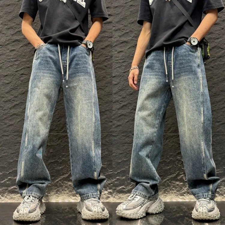 潮流秋冬爆款加绒休闲裤子松紧腰美式牛仔男裤男士感裤新款直筒