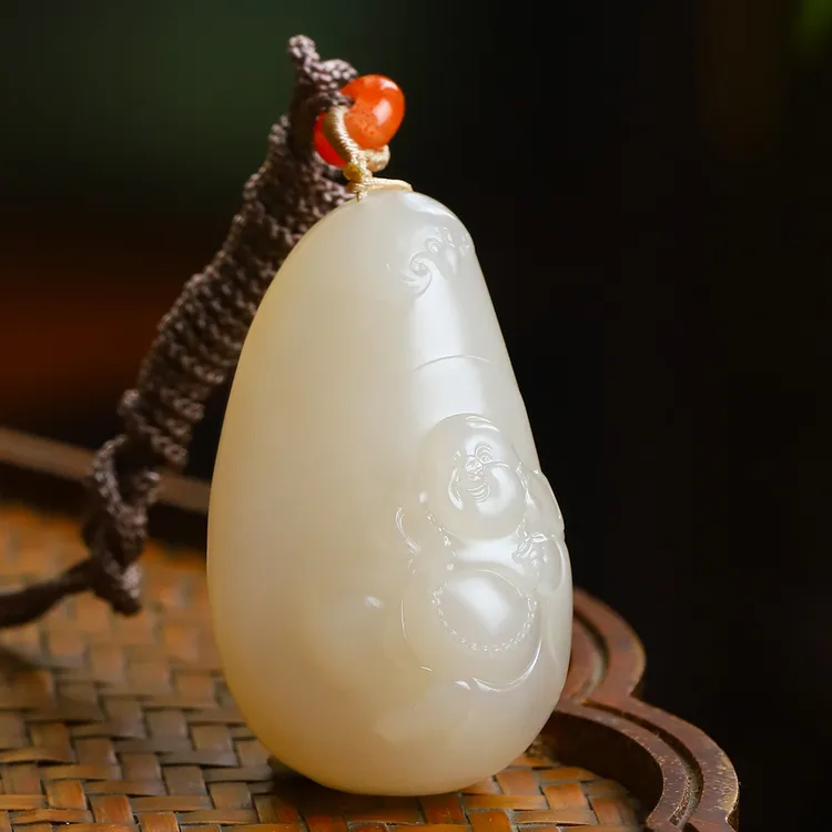 【孤品收藏】天然和田玉藕粉逍遥佛女款大吊坠毛衣链气质高档礼物