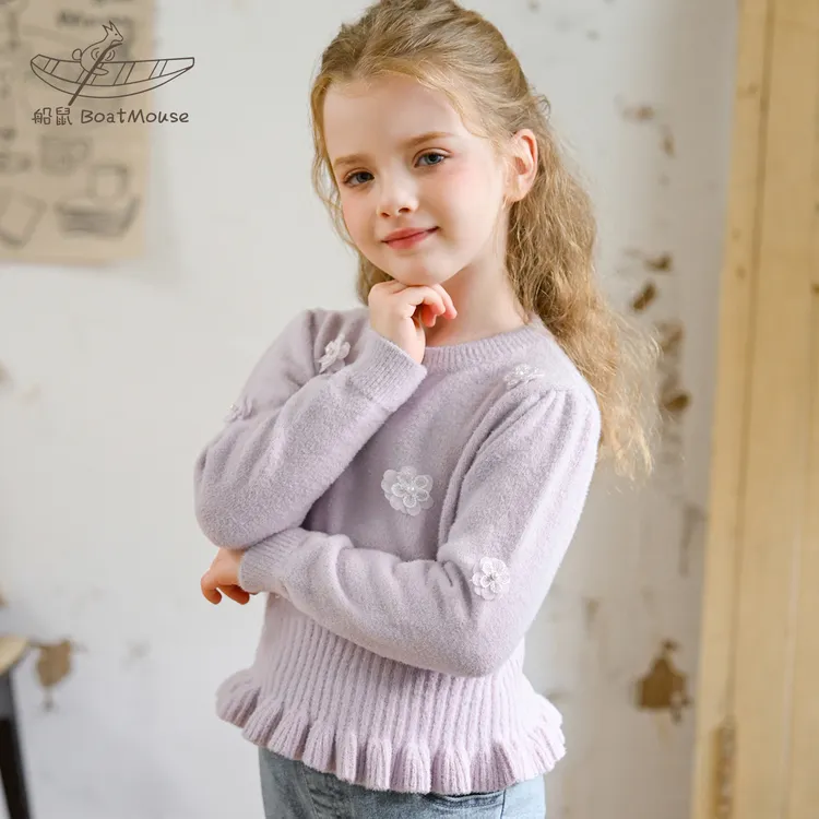 船鼠女童双面绒毛衣立体花朵木耳边洋气小女孩上衣儿童针织衫秋冬