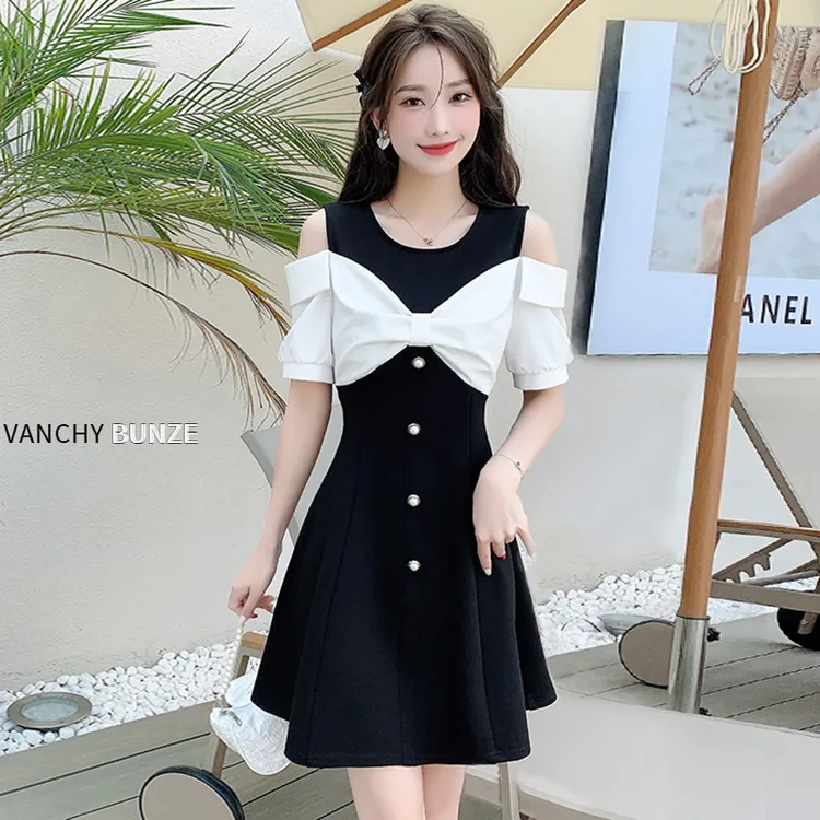 BUNZE 通勤小香风黑色显瘦拼色假两件2025夏季新款露肩小个子连衣