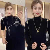 高领短袖露肩T恤女百搭修身黑色法式上衣高级感钉珠金丝绒打底衫