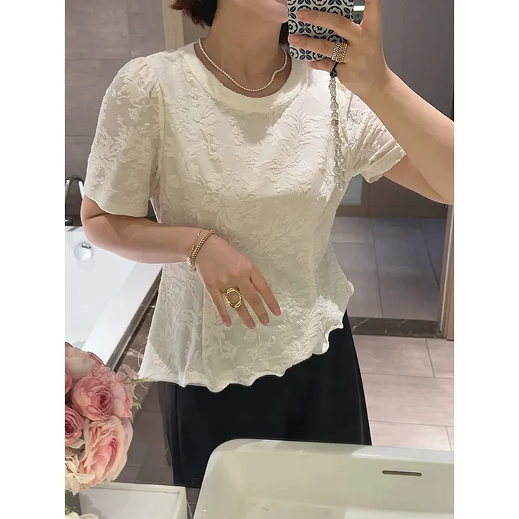 【智雅微胖定制】【花艺手账】夏季气质立体花朵圆领T恤Z525E10848