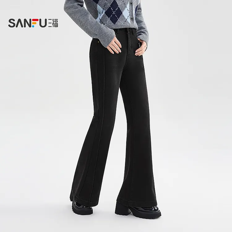 三福牛仔长裤2025冬季腰头皮牌装饰抓绒高腰喇叭裤女装513448