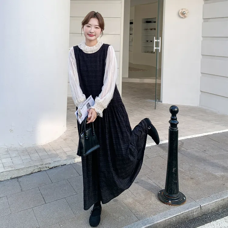 韩系学院风复古格子背心裙套装女2025秋季新款重工蕾丝衬衫两件套