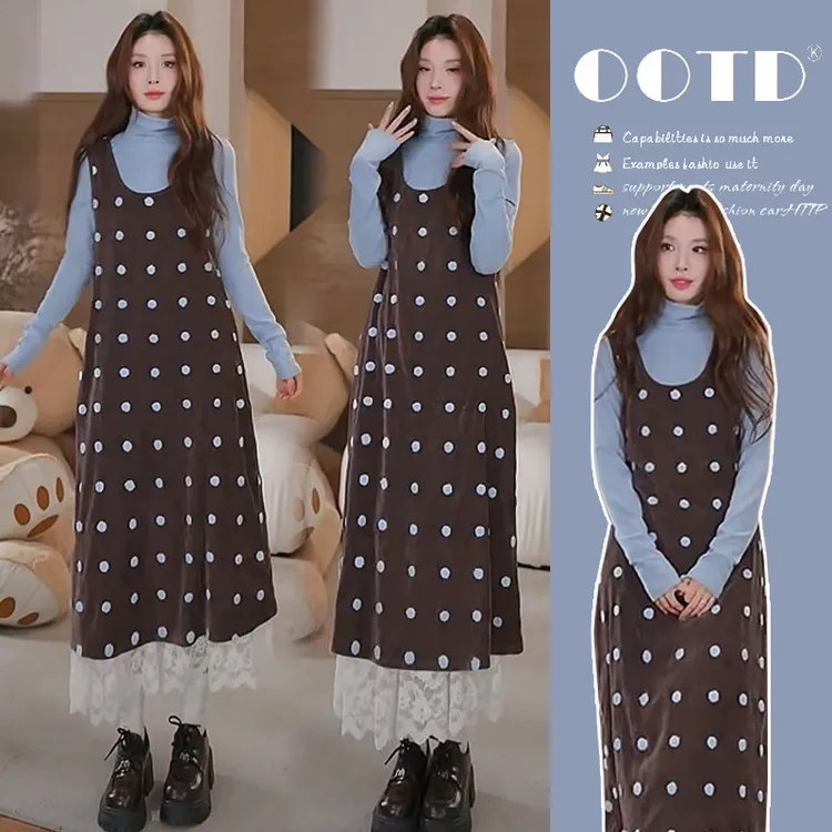 孕妇套装秋冬2026新款韩系休闲宽松气质咖色加厚波点背心连衣裙