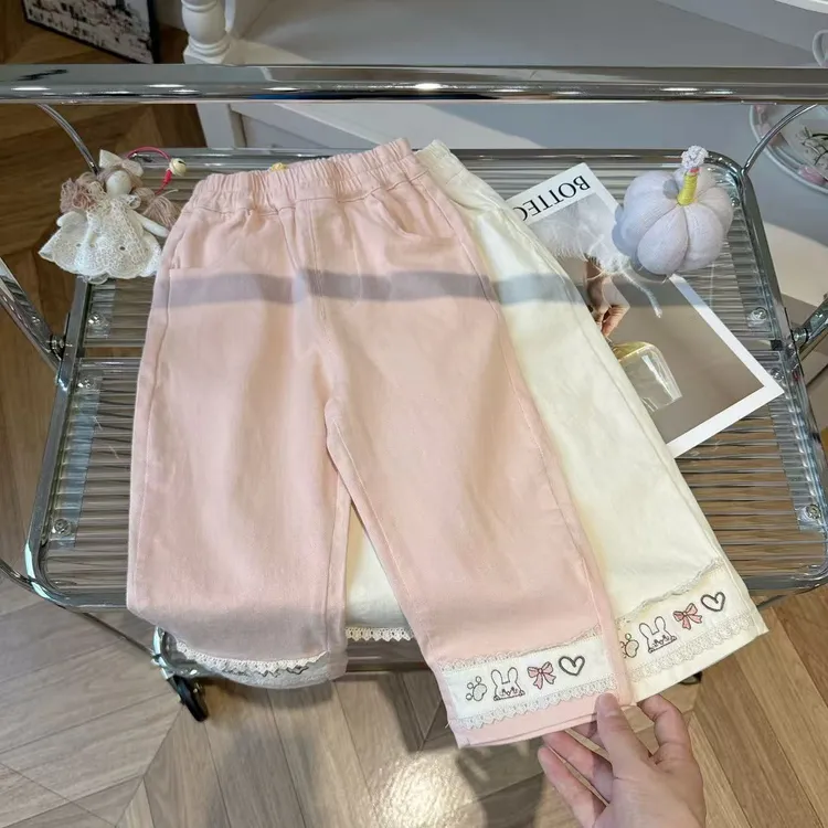 鹿小冉韩版女童秋款甜美花边刺绣萝卜裤棉布裤