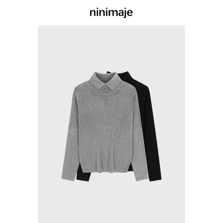 NanBeiBei 极简设计款百搭纯色柔软毛织翻领羊毛毛衣 6016