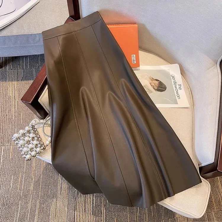 垂感法式半身裙复古通勤高腰赫本风PU皮裙女秋冬中长款显瘦A字裙