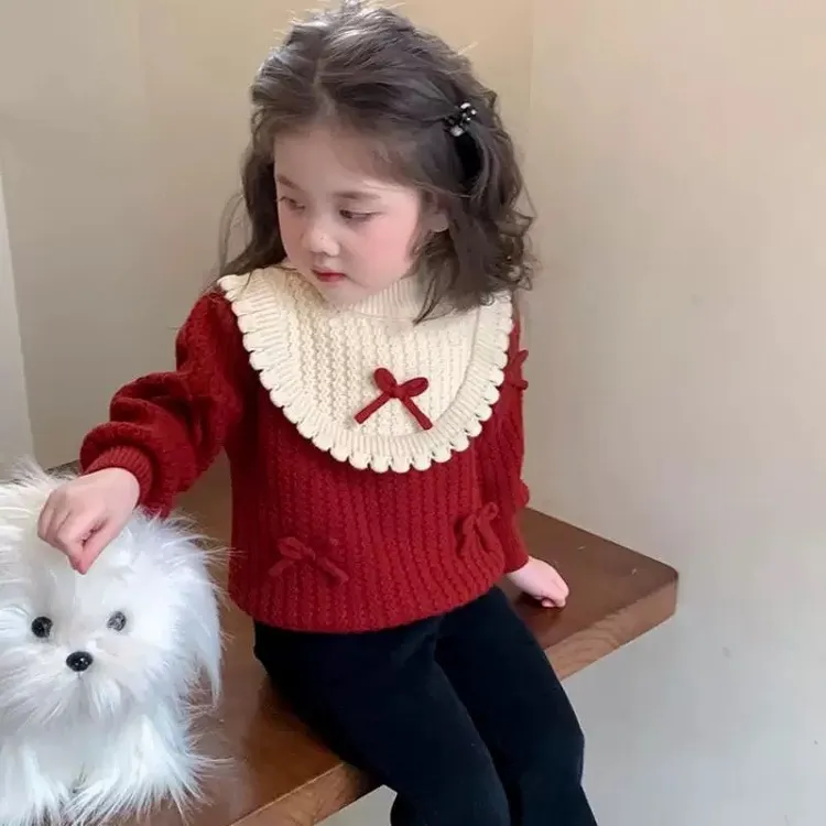 女童秋冬毛衣2025新款小女孩花边加厚针织打底衫女宝宝蝴蝶结上衣